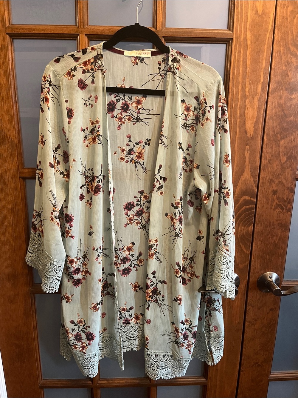 Rewind Sage Green Floral Kimono Cardigan with Burgundy Trim